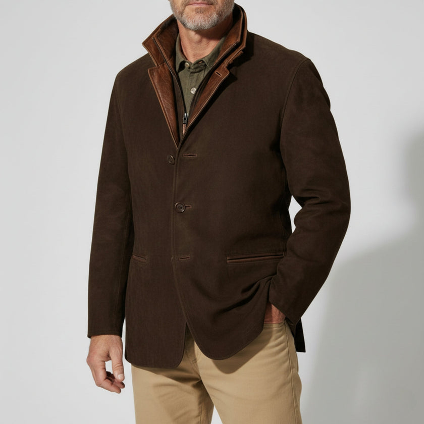 Men’s Suede Jacket – Structured Fit – Leather Trim – Classic Notched Lapel Design