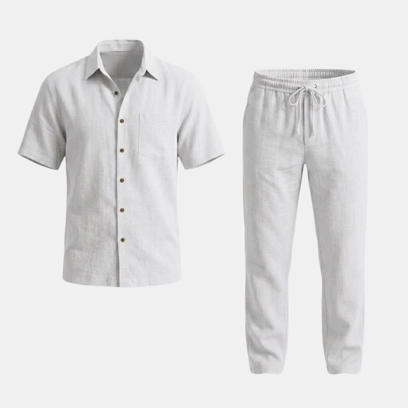 FJØRNA women's linen co-ord set with shirt and trousers, lightweight summer outfit in soft linen fabric, casual and stylish.