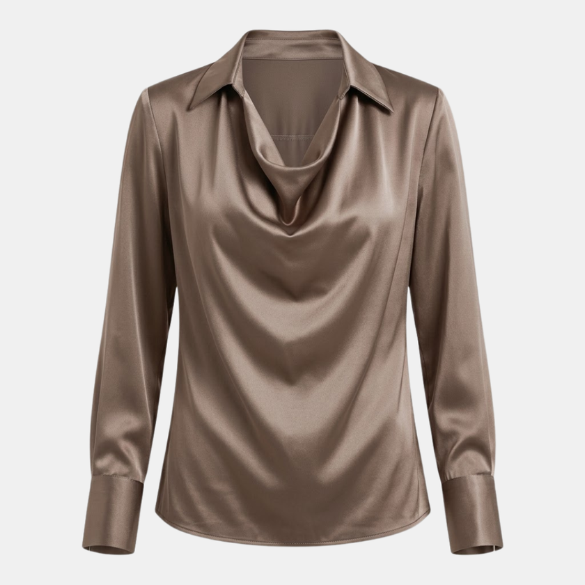 FJØRNA satin long sleeve men's top, stylish and smooth fabric, showcased in a close-up image highlighting the elegant design.