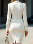 FJØRNA white fitted midi dress with stand-up collar, bodycon style, showcasing a sleek and elegant design.