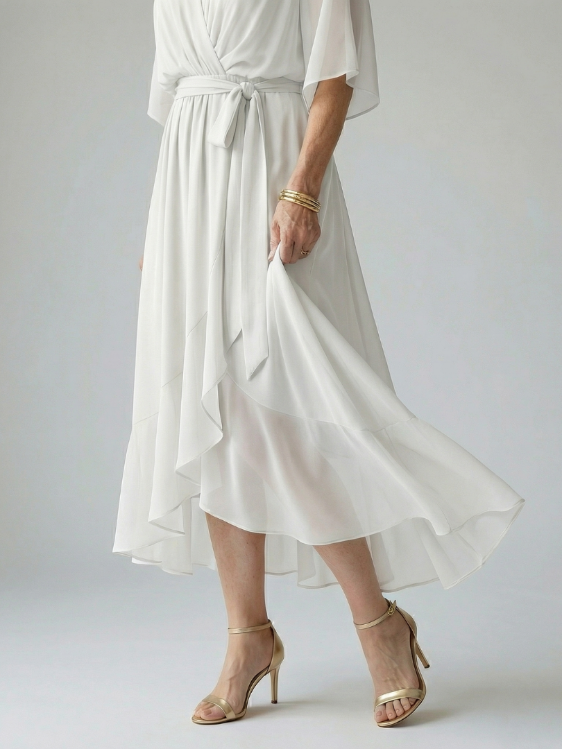 FJØRNA women's summer midi dress with V-neck, flowy fabric, and elegant style perfect for warm weather.