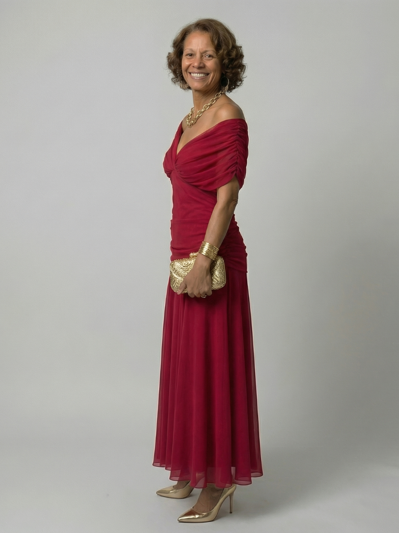 Elegant off-shoulder midi dress for women by FJØRNA, bodycon fit, showcasing a stylish and flattering design.