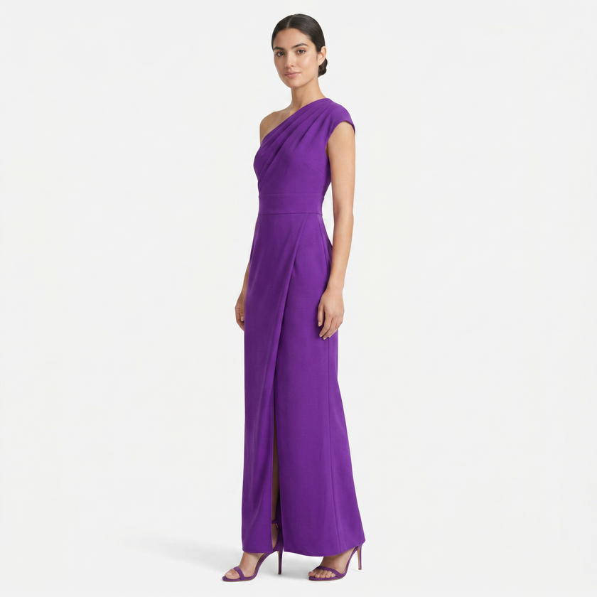 FJØRNA women's one-shoulder maxi evening dress with an asymmetric neckline, flowing fabric, and elegant design.