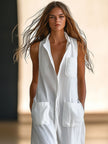 White linen sleeveless wide-leg jumpsuit for women by FJØRNA, showing the relaxed fit and elegant design.