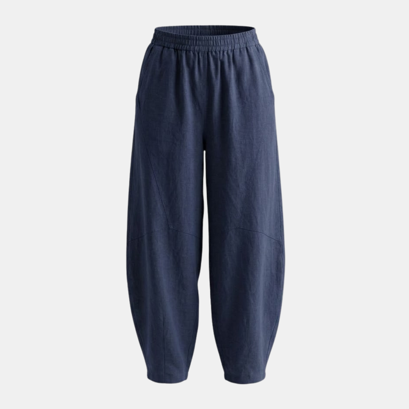 FJØRNA women's cotton linen wide-leg trousers with relaxed fit, showcasing lightweight, breathable fabric and comfortable silhouette.
