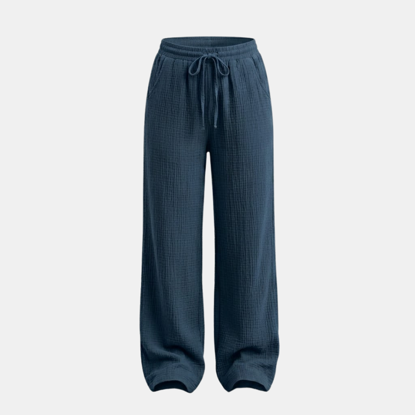 Women’s lightweight cotton wide-leg trousers by FJØRNA, casual and comfortable pants with flowing fit and relaxed style.