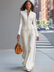 FJØRNA white stand collar zip-up wide-leg trouser suit, stylish pants set with tailored fit and modern design.