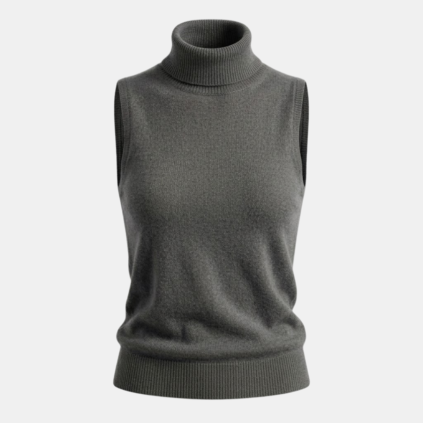 FJØRNA men's knit turtleneck top, soft and cozy, shown in a natural pose with a close-up of the textured knit fabric.