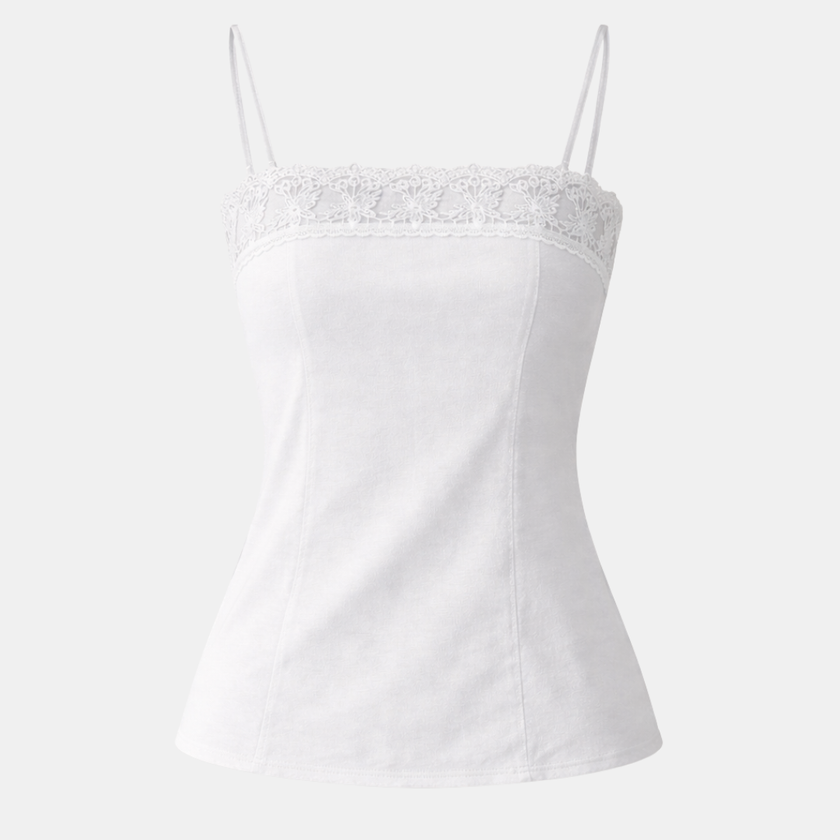 Women’s cotton camisole top with lace trim, FJØRNA summer sleeveless blouse, lightweight and breathable for warm weather.