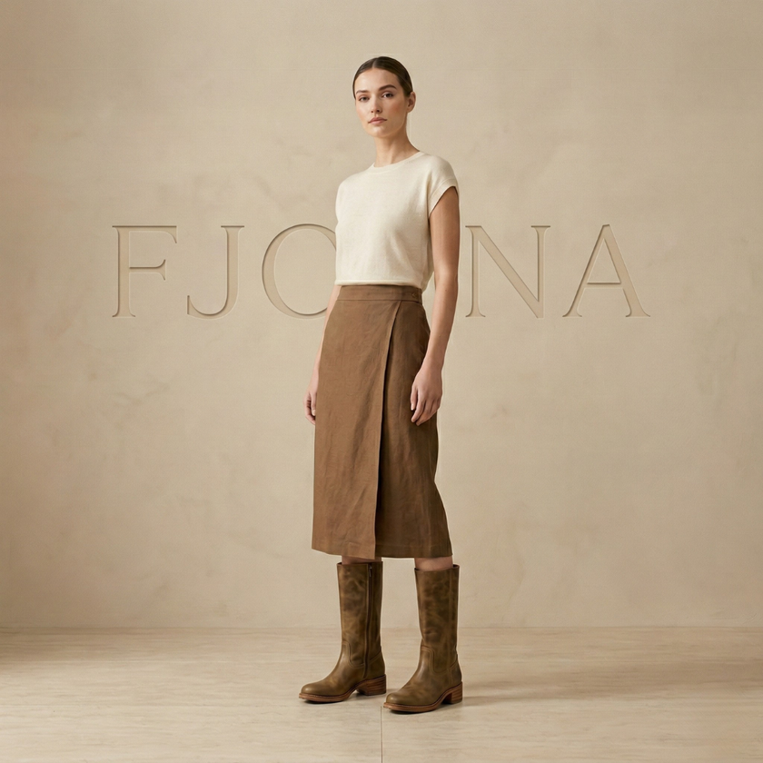 FJØRNA men's tan leather knee-high boots with block heels, stylish and durable shoes for men, showcasing the sleek design and craftsmanship.