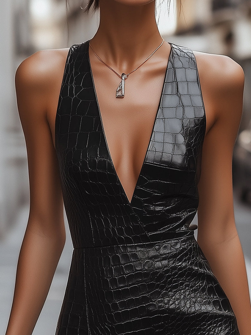 FJØRNA black leather mini dress with bold crocodile-embossed texture, fitted sleeveless design, stylish and edgy for evening wear.