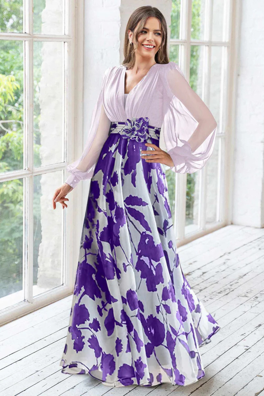 FJØRNA floral print maxi wedding guest dress with V-neck, balloon sleeves, and elegant floral design for special occasions