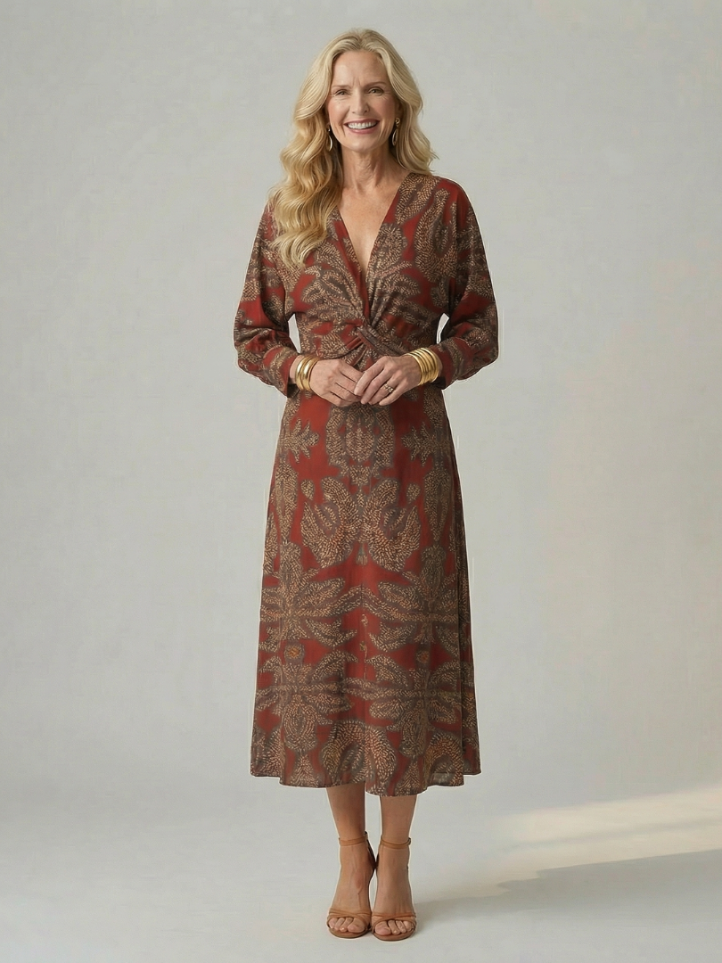 FJØRNA women's summer midi dress with long sleeves, wrap design, flowy fabric, perfect for warm weather.
