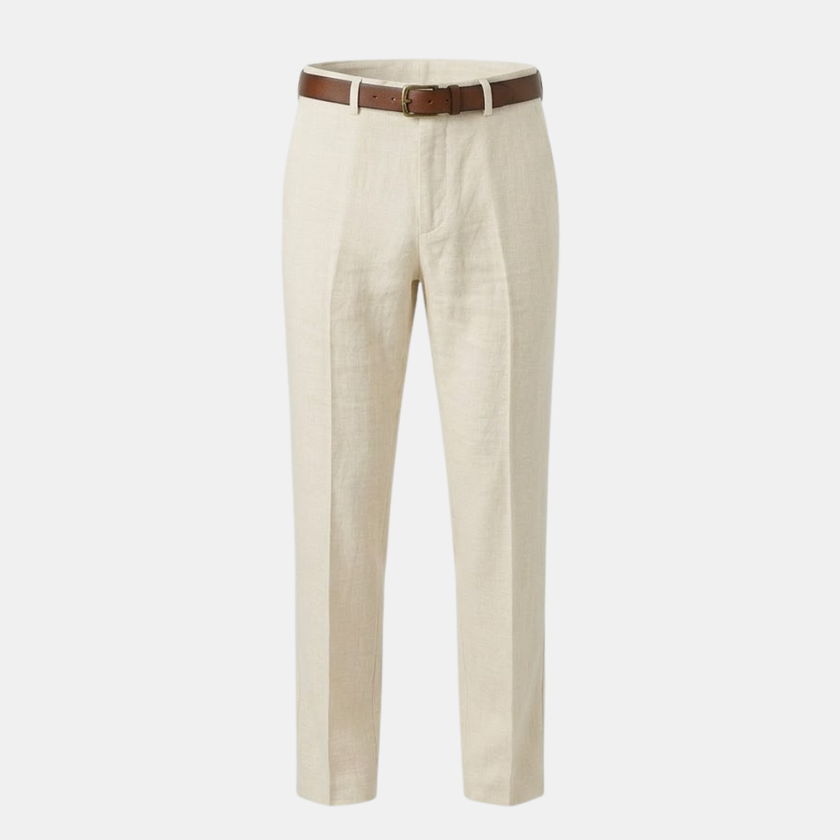 Men's linen blend straight leg trousers by FJØRNA, tailored fit, shown in a neutral color, casual yet sophisticated style.