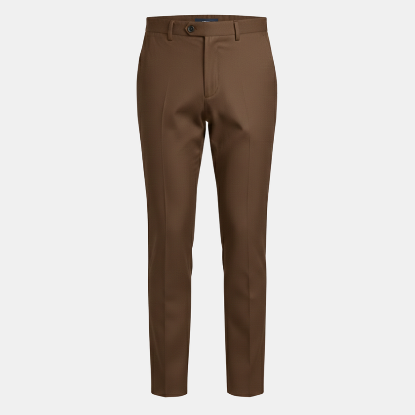 FJØRNA men's relaxed fit straight leg trousers in neutral fabric, displayed on a model with hands in pockets.