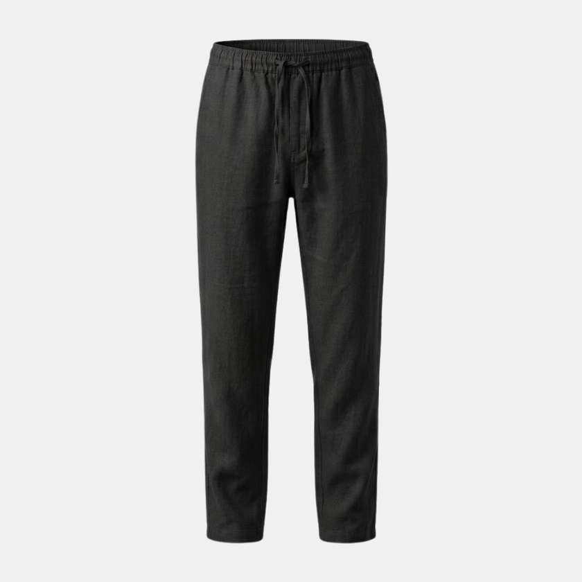 Men's linen blend straight-leg trousers by FJØRNA with drawstring waist and relaxed fit, shown on a model.