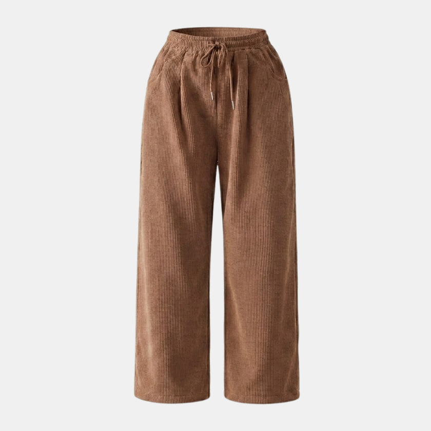 FJØRNA men's corduroy wide leg trousers with relaxed fit, showcasing the textured fabric and loose, comfortable design.