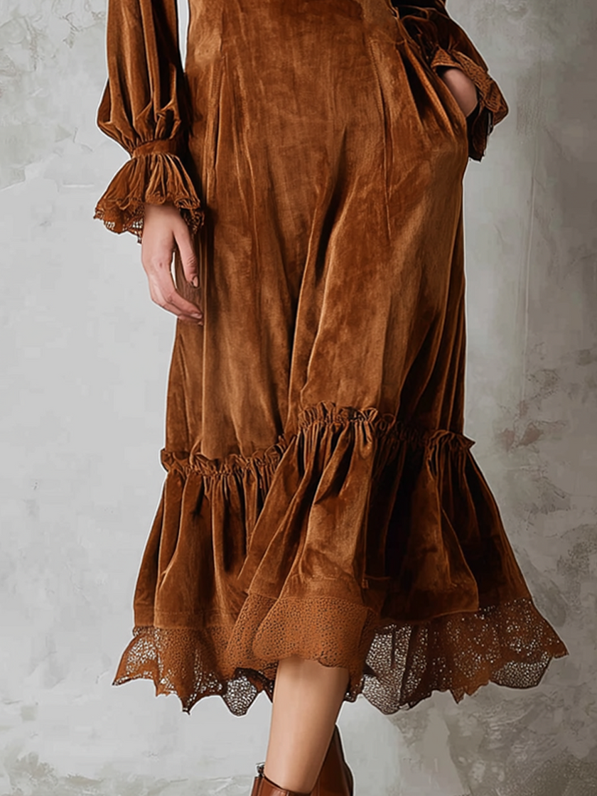 FJØRNA retro ruffle neck lace trim eco-friendly velvet women's midi dress, front view showing elegant design and lace details.