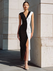 FJØRNA black and white ruched contrast evening gown with high slit, elegant formal dress for special occasions.
