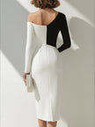 FJØRNA black and white asymmetrical one-shoulder midi dress, stylish women's dress with a unique design and elegant silhouette.