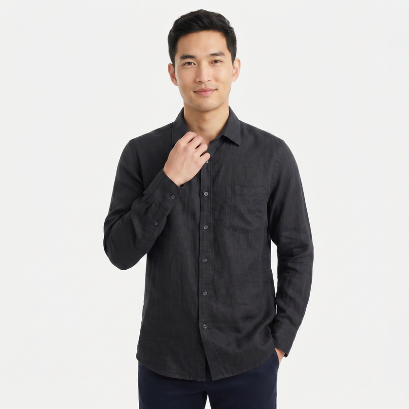 FJØRNA men's long sleeve linen button-down shirt, light and breathable with a classic collar and button cuffs, displayed on a hanger.