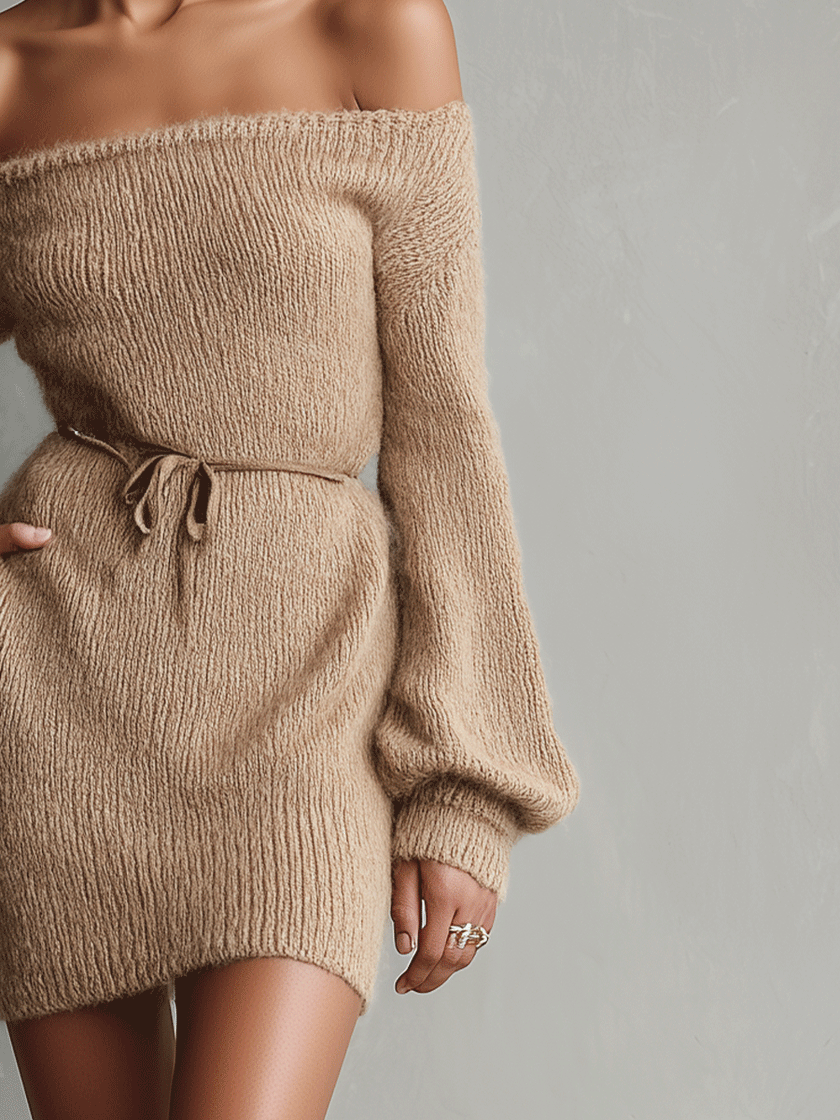 Camel Knit Off-Shoulder Mini Dress | Evening Dress