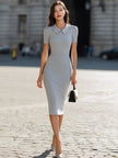Light gray Peter Pan collar puffed sleeve bodycon midi dress by FJØRNA, showcasing a fitted silhouette with stylish collar and puffed sleeves.