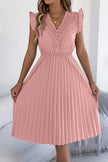FJØRNA solid color V-neck sleeveless midi dress with lace trim and pleated design, casual and stylish for warm weather.