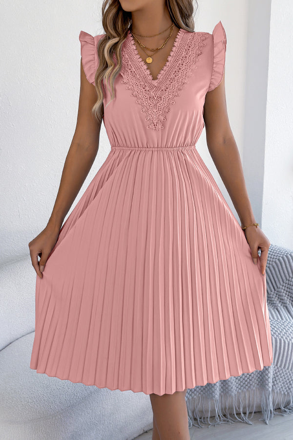 FJØRNA solid color V-neck sleeveless midi dress with lace trim and pleated design, casual and stylish for warm weather.
