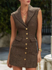 FJØRNA brown tweed sleeveless tailored mini dress with gold button details, stylish and fitted for a chic look.