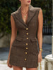 FJØRNA brown tweed sleeveless tailored mini dress with gold button details, stylish and fitted for a chic look.