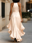 FJØRNA Midnight Elegance satin halter ruffle gown, formal evening dress with flowing fabric and ruffled neckline.