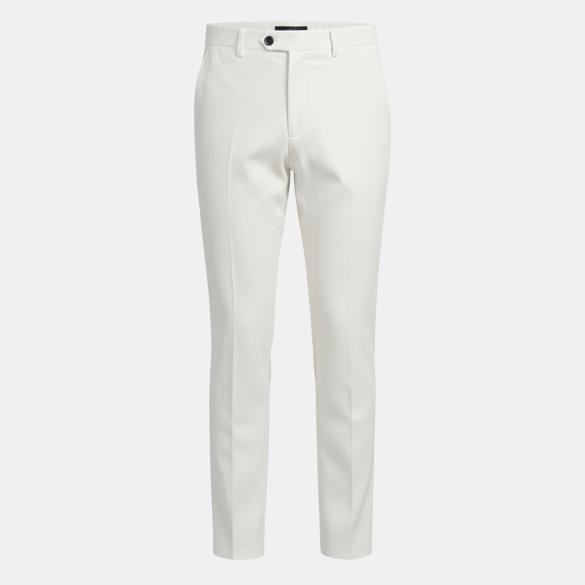 FJØRNA men's straight leg trousers with relaxed fit, featuring a classic design and neutral color, styled for casual or office wear.