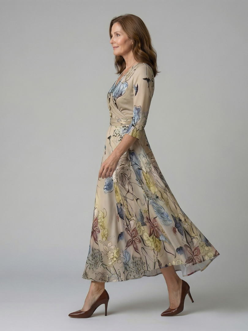 FJØRNA summer maxi dress for women featuring a floral print, long sleeves, wrap design, and flowy fabric.