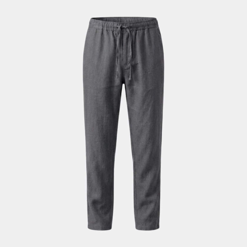 FJØRNA men's linen blend straight leg trousers with drawstring waist and relaxed fit, shown in a neutral color.