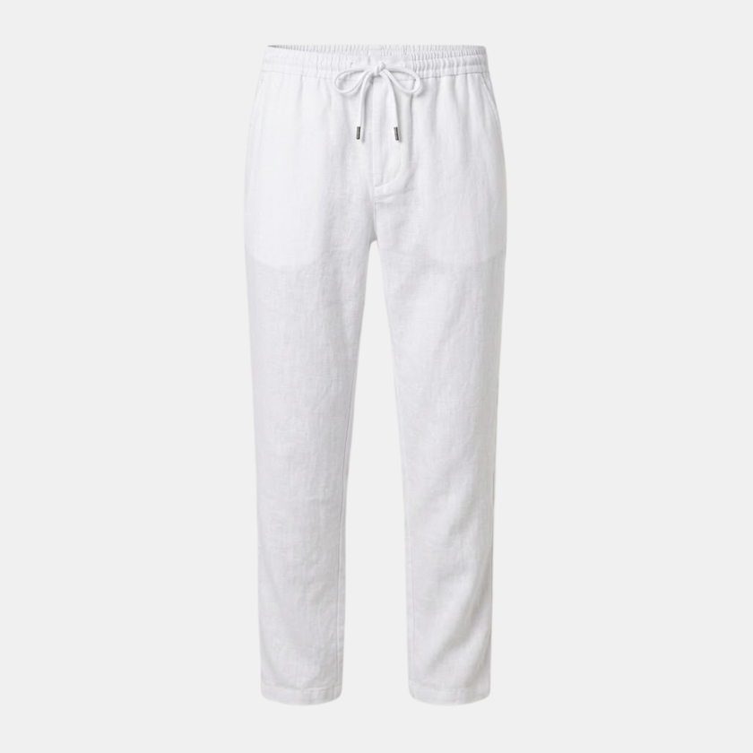 Men's FJØRNA cotton linen trousers with drawstring, relaxed fit, breathable fabric, ideal for casual wear.