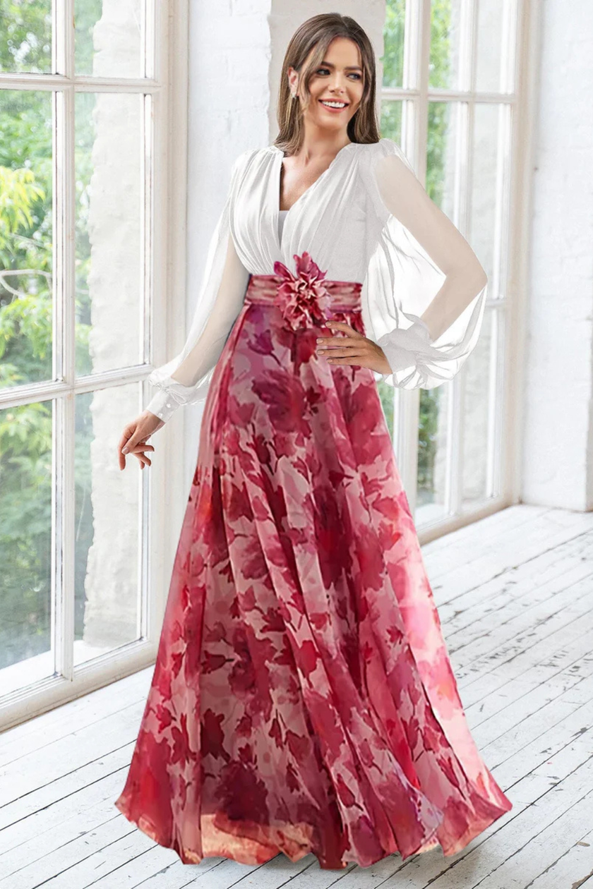 FJØRNA floral print maxi wedding guest dress with v-neck, balloon sleeves, and flowing silhouette for elegant occasions