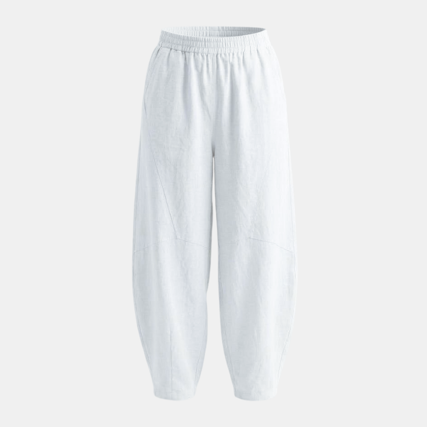 FJØRNA cotton linen wide-leg women's trousers with a relaxed fit, shown in a natural fabric and comfortable style.