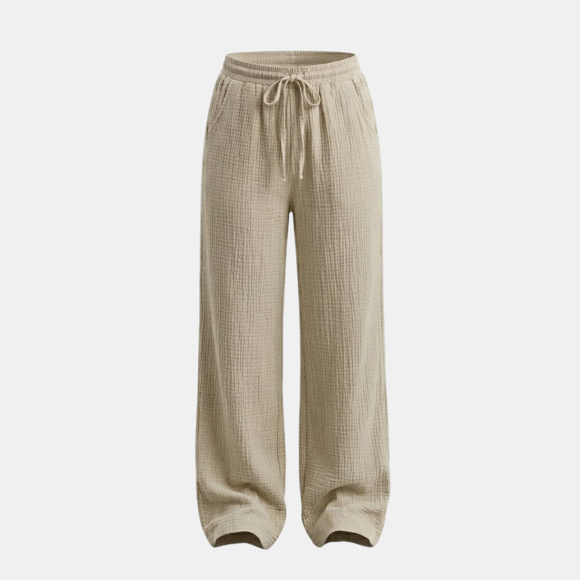 Women’s lightweight cotton wide-leg trousers by FJØRNA, casual pants with a relaxed fit and flowy silhouette.