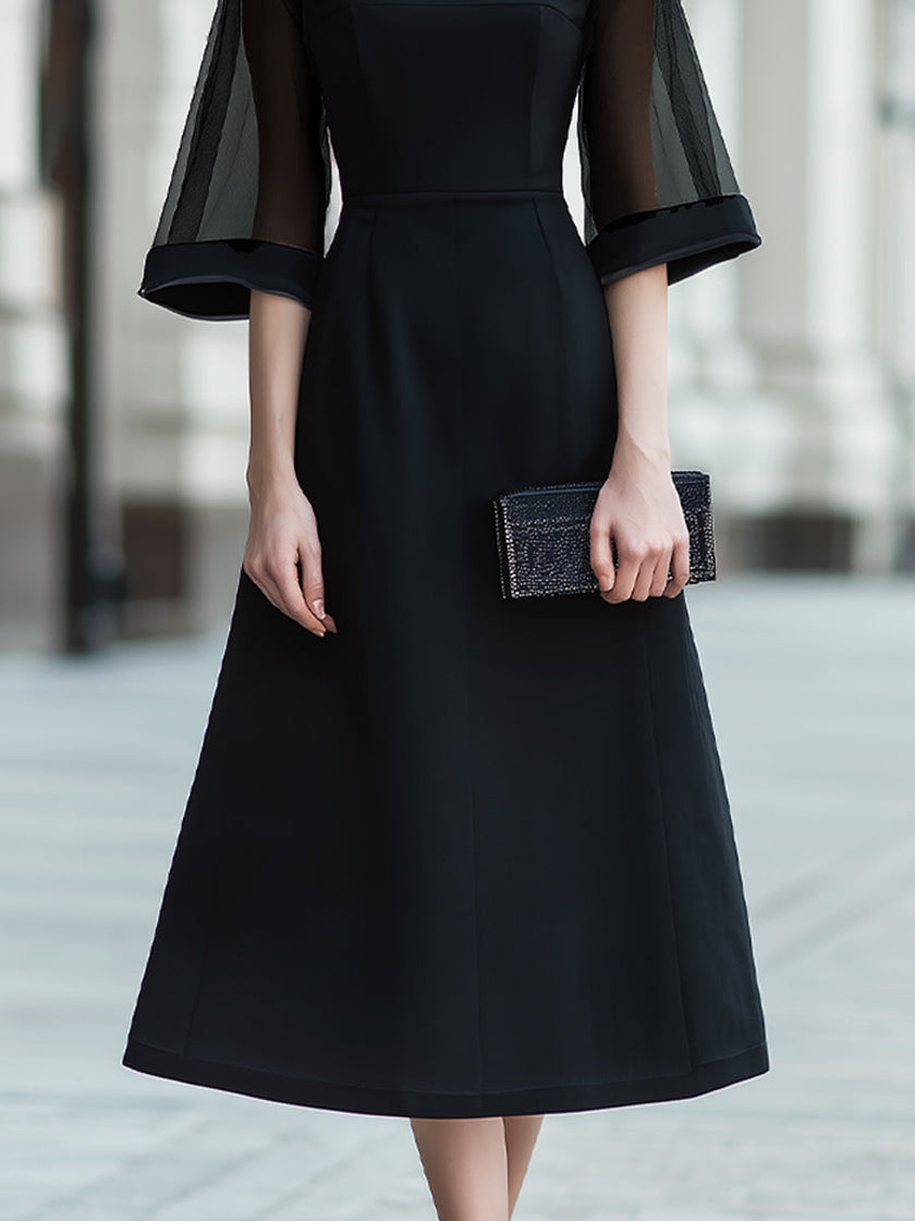 FJØRNA sheersleeve midi dress with structured waist, showcasing lightweight fabric and elegant design, perfect for stylish occasions.