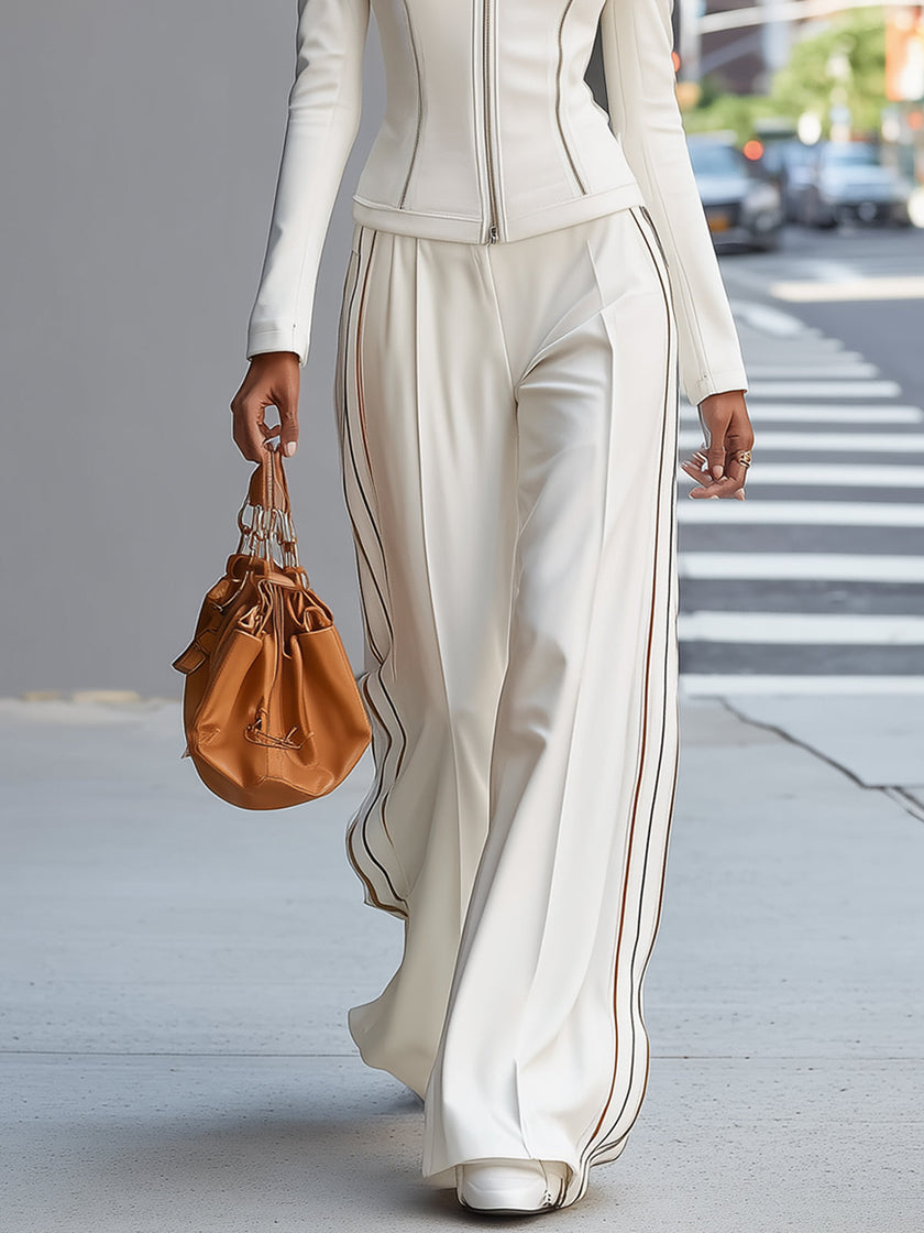 FJØRNA white stand collar zip-up wide-leg trouser suit, stylish pants set with a modern design and tailored fit.