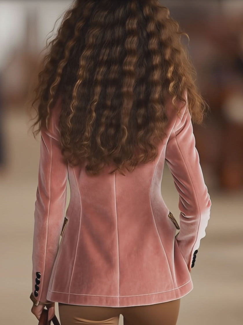 Pink velvet blazer with leopard print from FJØRNA, featuring a single button and tailored fit, perfect for stylish jackets and blazers.