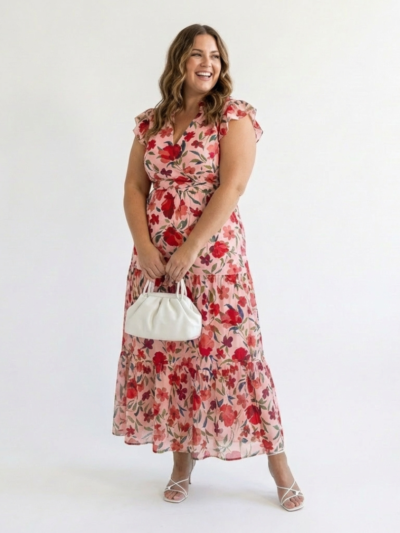 FJØRNA floral tiered summer midi dress for women with a flowy silhouette and vibrant floral pattern.