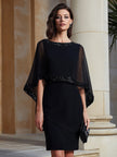 FJØRNA Mbellished cape-sleeve sheath midi dress for women, elegant evening dress with embellished details and sleek silhouette.
