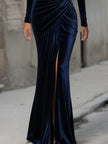 FJØRNA deep V-neck ruched velvet evening maxi dress with long sleeves, elegant and form-fitting for formal occasions