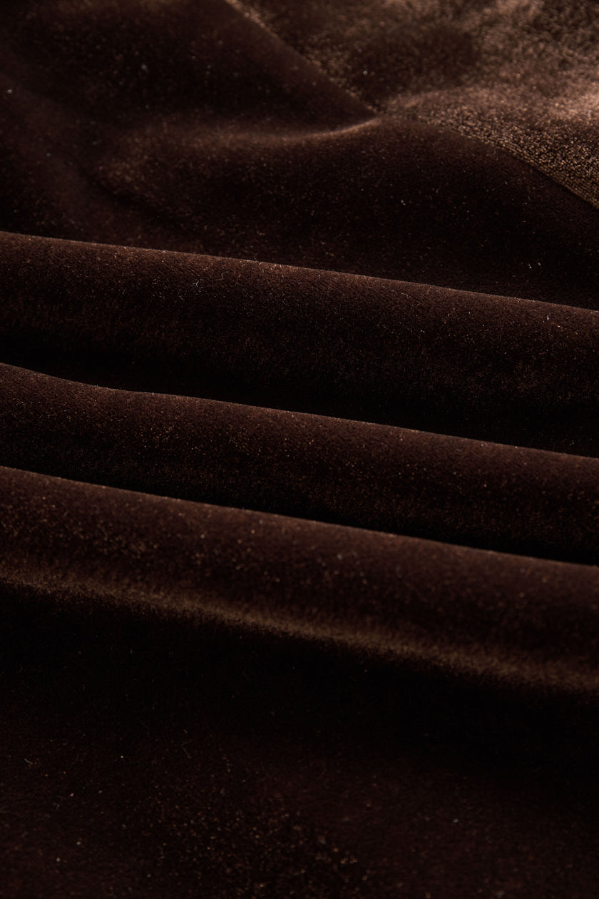 FJØRNA brown velvet colour-block lapel coat with pockets, stylish and cozy with contrasting fabric details and a tailored fit.