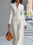 FJØRNA white stand collar zip-up wide-leg trouser suit, stylish pants set with modern design and tailored fit.