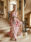 FJØRNA summer maxi dress for women with floral pattern, halter neck, sleeveless design, perfect for warm weather.