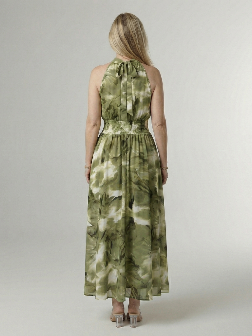 FJØRNA women's summer midi dress with halter neck, sleeveless, flowy fabric, perfect for warm weather and casual occasions.