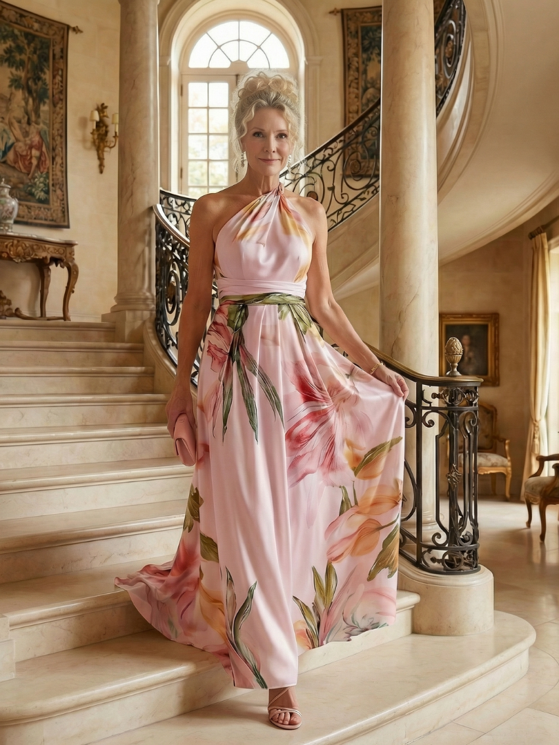 FJØRNA women's summer maxi dress with floral pattern, halter neck, sleeveless design, relaxed fit for warm weather.